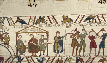 Willem, met Robert de Mortain en bisschop Odo beveelt versterkingen te bouwen in Hastings, Tapijt van Bayeux
